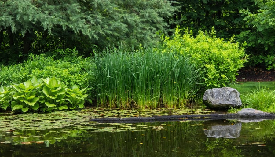 Natural pond with water lilies and aquatic plants providing biological filtration