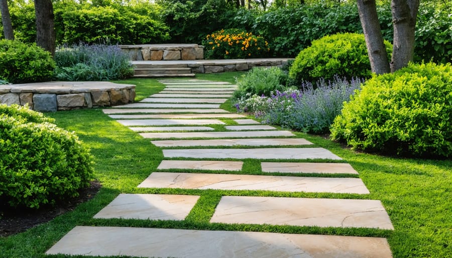 Stone pathway with moss leading to koi pond viewing area