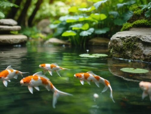 "Koi fish in a tranquil pond surrounded by lush greenery, symbolizing modern DNA tools in pond management."