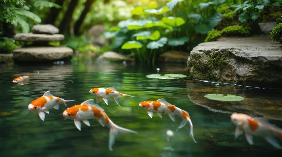"Koi fish in a tranquil pond surrounded by lush greenery, symbolizing modern DNA tools in pond management."