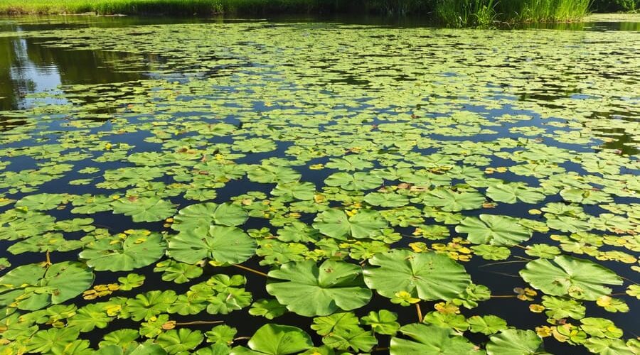 "Pond landscape with floating wetland plants such as water hyacinth and duckweed, under bright overcast lighting, with a blurred garden and wildlife habitat in the background."