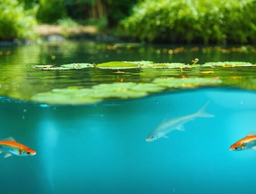 "Natural pond ecosystem with native and invasive fish swimming under the water, surrounded by lush greenery."