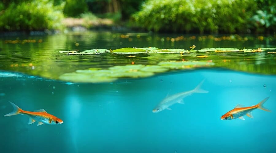 "Natural pond ecosystem with native and invasive fish swimming under the water, surrounded by lush greenery."