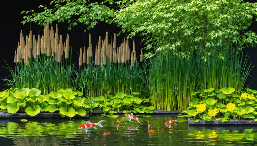 Water iris and cattails growing along koi pond edge with fish visible in water