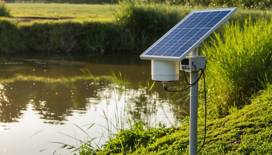 Peaceful pond scene with monitoring equipment installed on bank