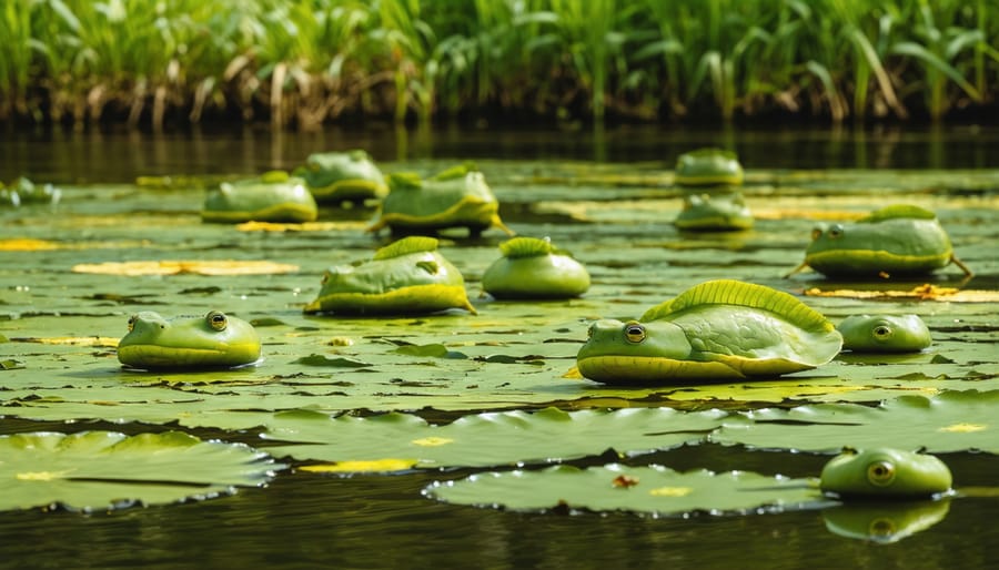 Scenic view of pond ecosystem with multiple quantum sensors visible around edges