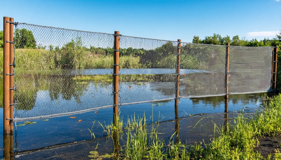 Protective mesh screening being installed along pond edge