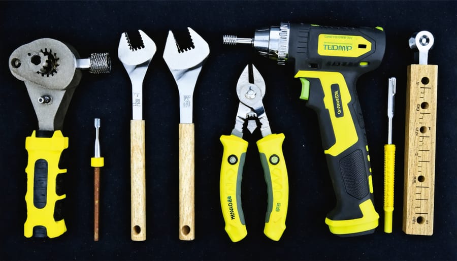 Collection of common tools needed for pond pump repair laid out on wooden deck