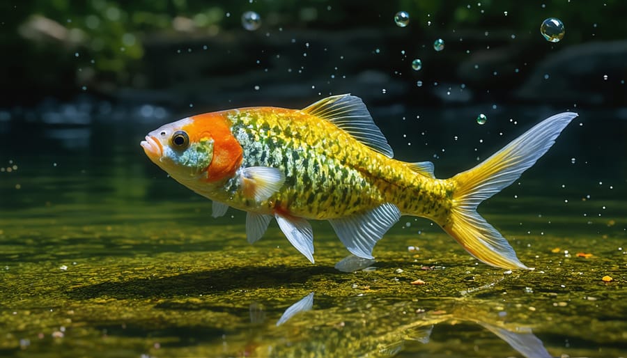 Underwater view of colorful koi fish swimming near a submerged quantum sensor