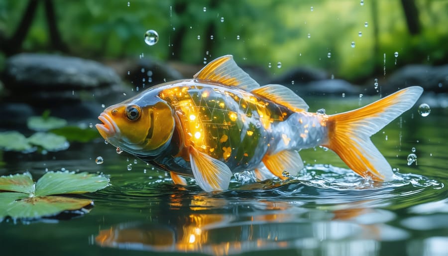 Underwater view of biometric sensors with koi fish swimming nearby