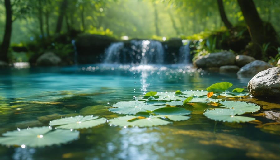 Pond owner conducting water quality test with test tubes beside backyard pond
