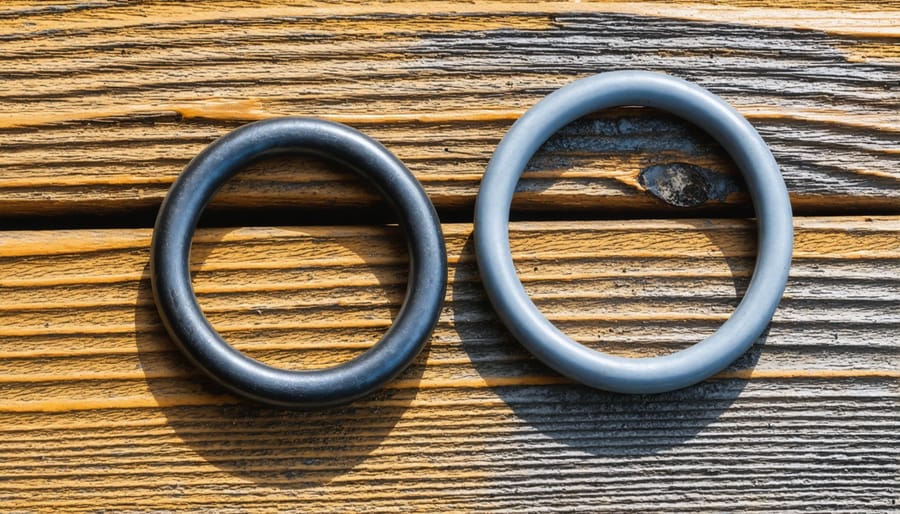 Worn and new pond pump O-rings and seals compared on workbench