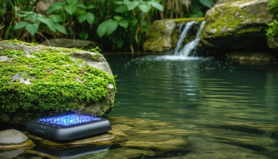 Modern quantum sensor device mounted on natural stone beside pond