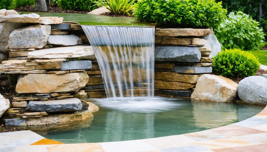 Stone water feature with cascading water and integrated aquatic plants
