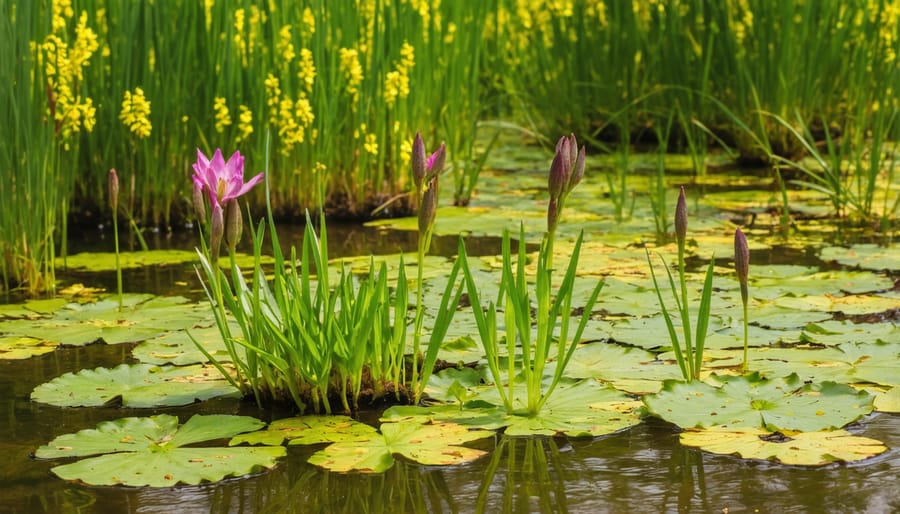 Marsh marigolds and watercress growing in wet seepage area beside pond