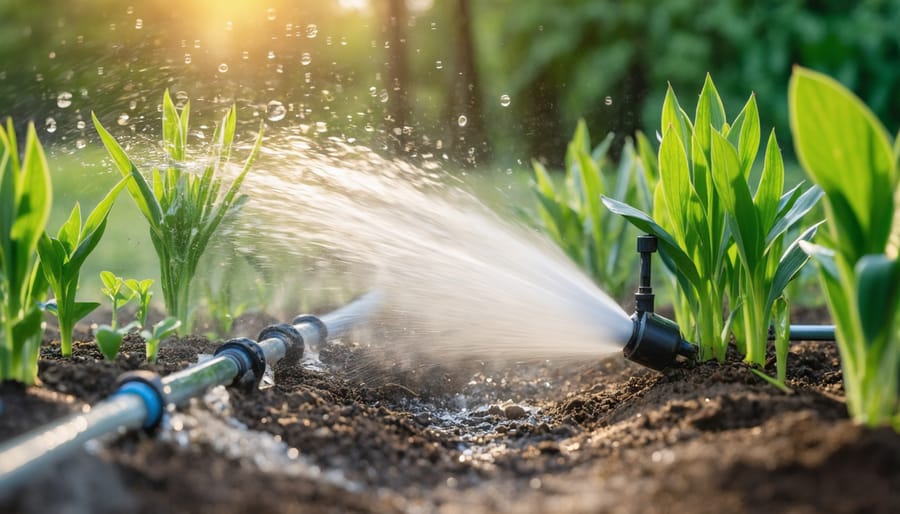 Close view of drip irrigation emitter releasing water into garden mulch