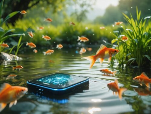 "A peaceful pond with biometric sensors collecting data on water quality and fish health, surrounded by lush green plants."