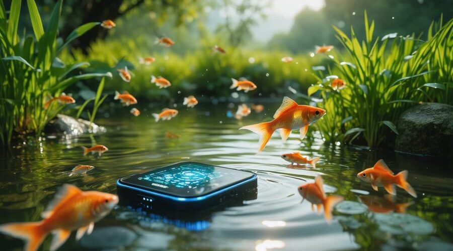 "A peaceful pond with biometric sensors collecting data on water quality and fish health, surrounded by lush green plants."