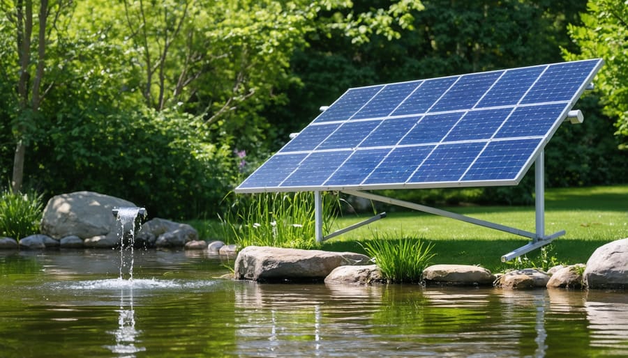 Solar panel installation next to a landscaped pond with visible pump and LED lights