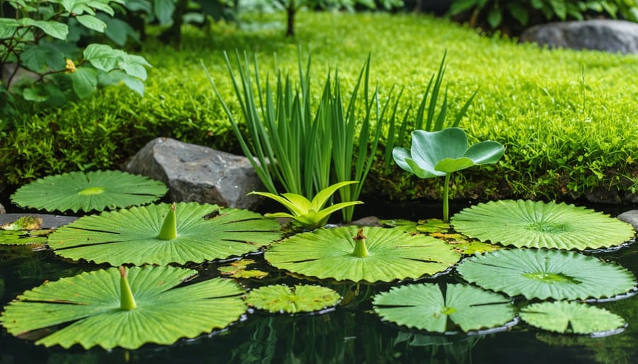Layered summer water garden with various heights of aquatic plants and water lilies