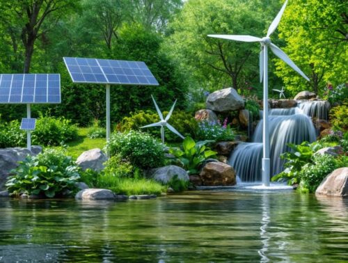 A picturesque pond surrounded by trees, with visible solar panels powering a nearby pump, a small wind turbine generating energy, and a waterfall equipped with a micro-hydro turbine, all illustrating renewable energy systems in action.