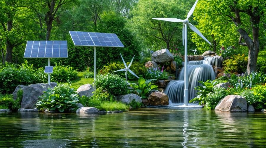A picturesque pond surrounded by trees, with visible solar panels powering a nearby pump, a small wind turbine generating energy, and a waterfall equipped with a micro-hydro turbine, all illustrating renewable energy systems in action.