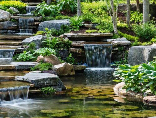 "Multi-level sustainable water garden with energy-efficient pumps, native aquatic plants, and rainwater collection systems."