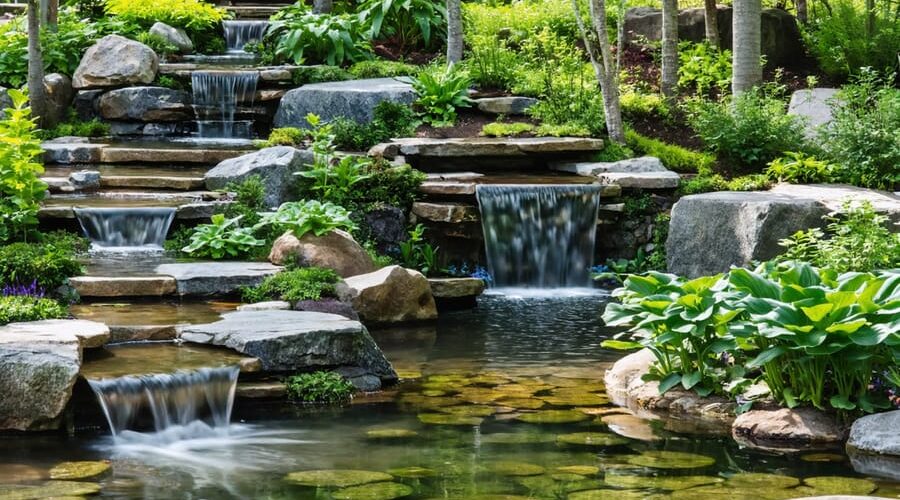 "Multi-level sustainable water garden with energy-efficient pumps, native aquatic plants, and rainwater collection systems."