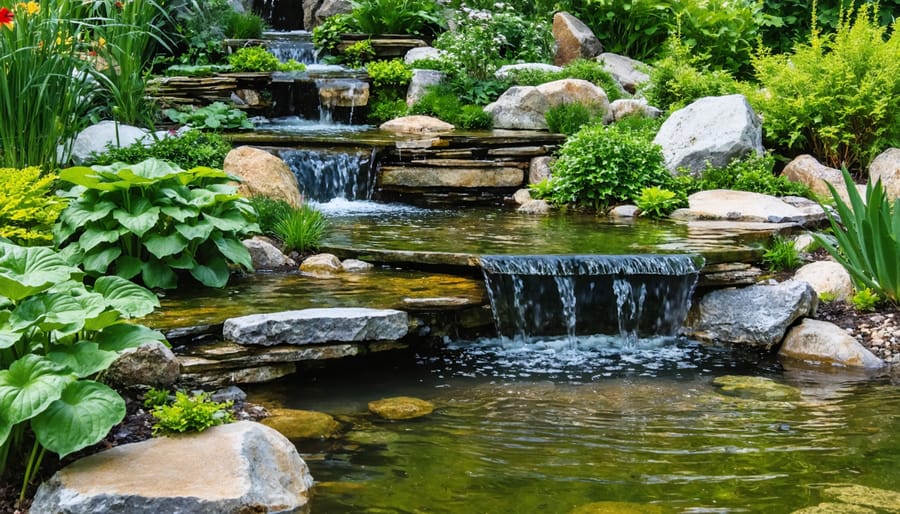 Multi-level water garden with waterfalls and aquatic plants in natural setting