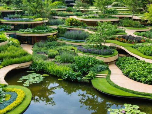 "A terraced water garden in a backyard, with layered planting zones of edible plants and water features set under natural daylight."