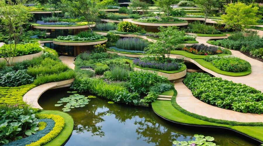 "A terraced water garden in a backyard, with layered planting zones of edible plants and water features set under natural daylight."