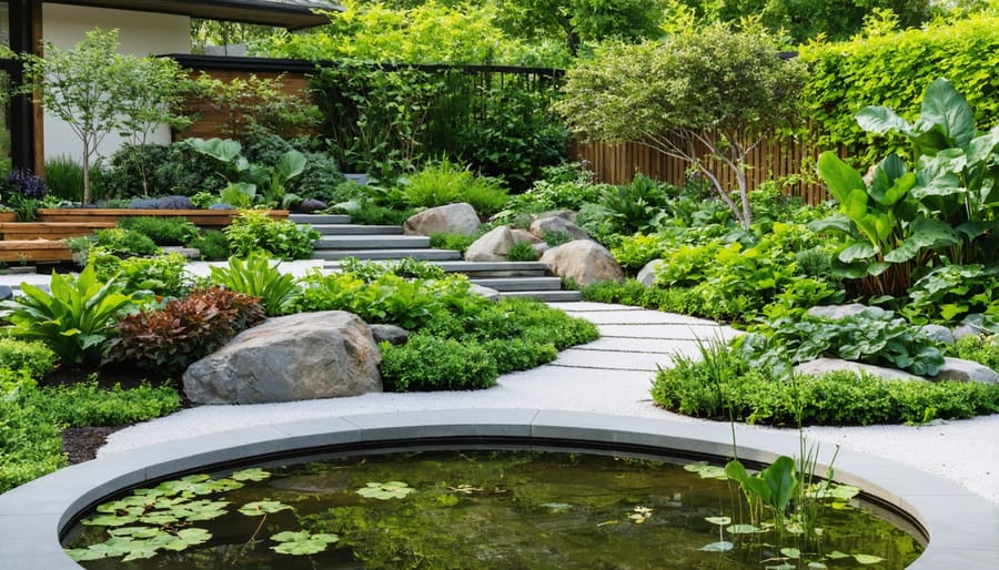 Terraced backyard water garden with water lilies and edible plants at different levels