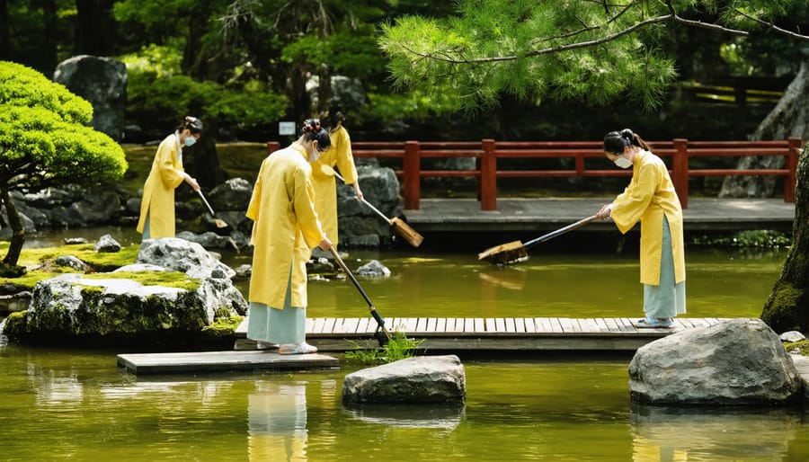 Japanese water garden scene showing male and female gardeners performing different traditional tasks