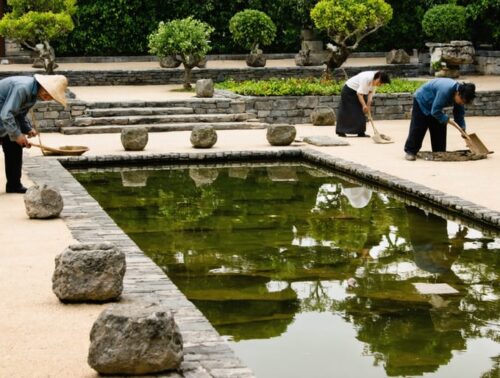 "Men constructing stonework and women tending plants in a traditional water garden setting, illustrating historical gender roles."