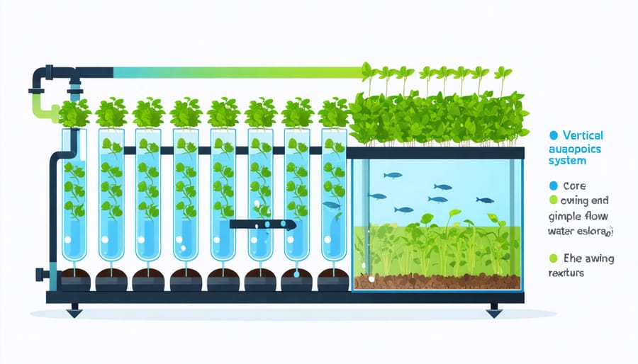 Technical diagram illustrating the main components and water circulation in a vertical aquaponics setup