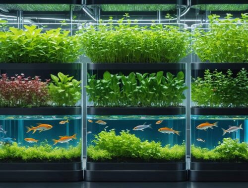 Conceptual image illustrating a lush vertical aquaponics system with fish in a tank and various plants growing upward in tower structures, showcasing the efficiency and sustainability of this gardening method.