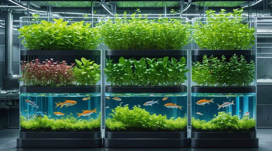 Conceptual image illustrating a lush vertical aquaponics system with fish in a tank and various plants growing upward in tower structures, showcasing the efficiency and sustainability of this gardening method.
