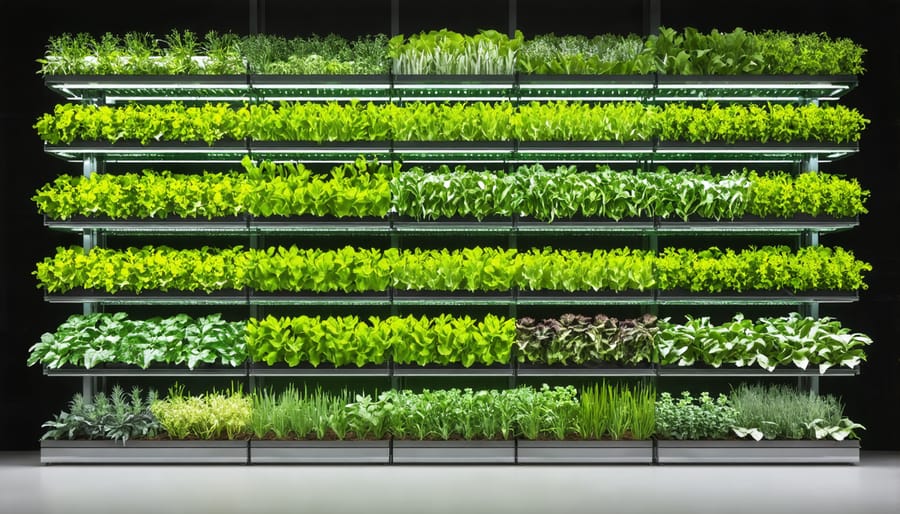 Multiple vertical growing towers showing successful plant growth in an aquaponics system