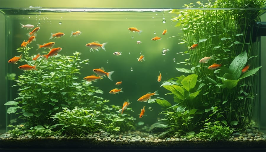 Koi fish swimming beneath water lilies in a healthy water garden ecosystem