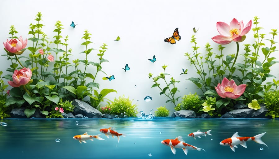 Water garden edge with flowering plants and water lilies at sunset