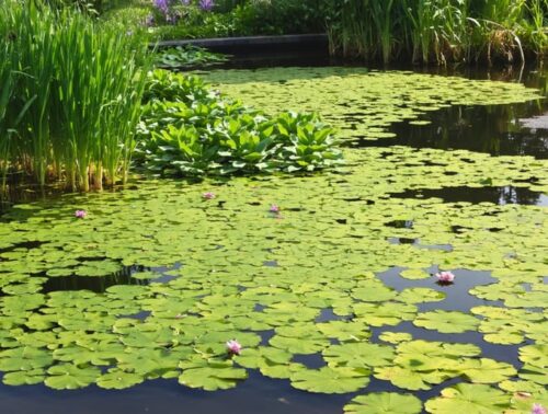 "A serene water garden with blooming water hyacinths and duckweed, showcasing the threat of invasive species in pond environments."