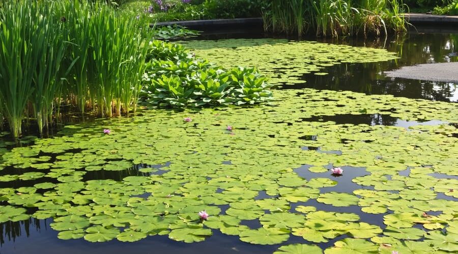 "A serene water garden with blooming water hyacinths and duckweed, showcasing the threat of invasive species in pond environments."