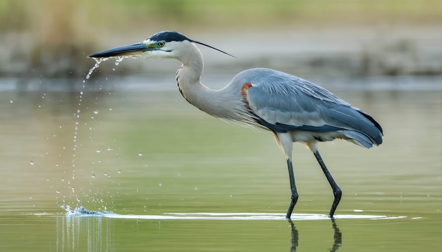 Great blue heron hunting in misty shallow water at pond edge
