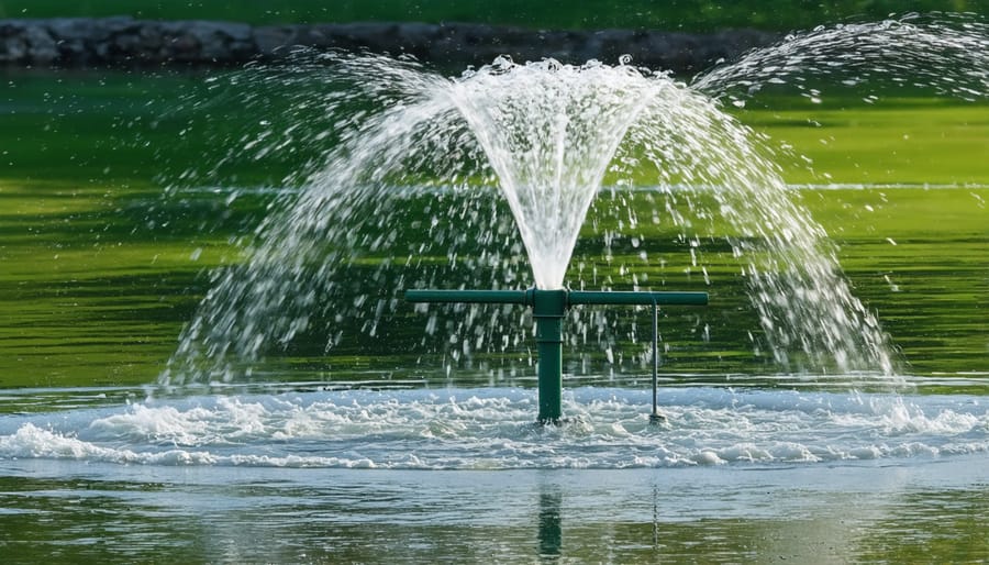 Windmill aerator operating in a pond with visible aeration patterns