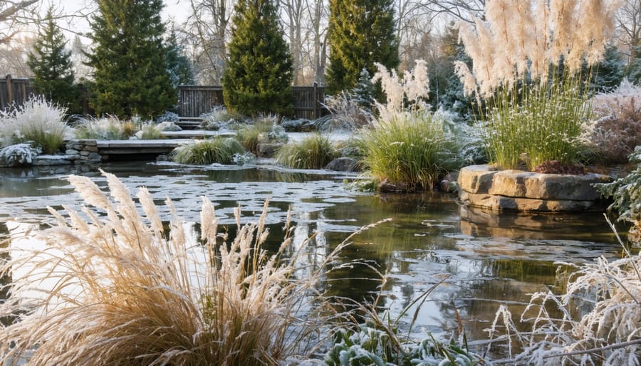 Frost-covered ornamental grasses and evergreens surrounding a winter pond