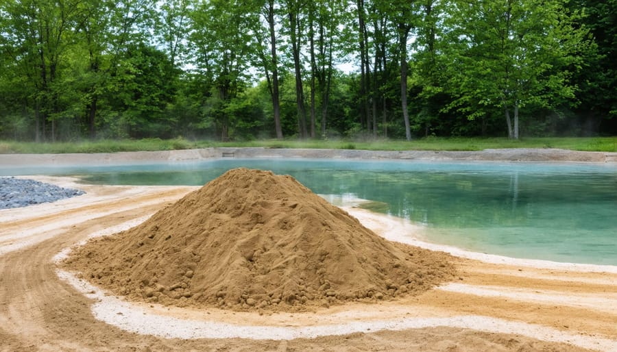 Hands placing gravel and soil substrate layers during ecosystem pool construction