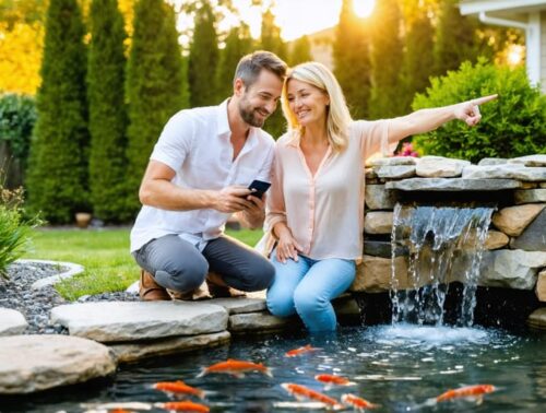 Smiling couple by a landscaped backyard koi pond with a small waterfall as one holds a smartphone, warm evening light, with a softly blurred garden, tools, and house in the background.
