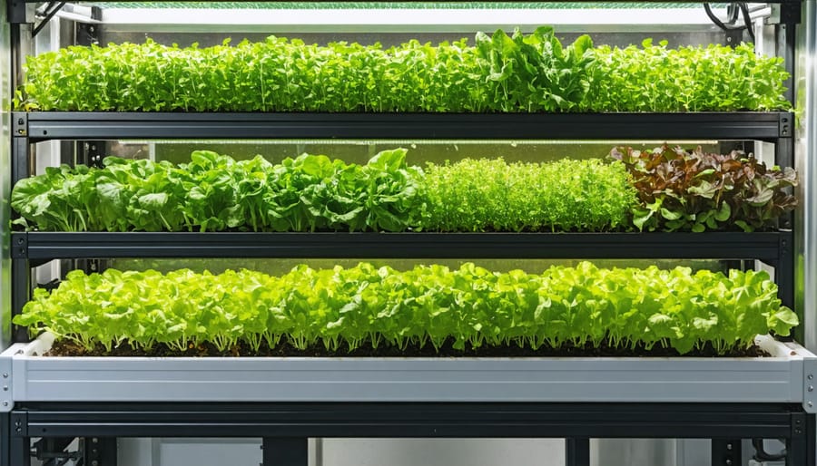 Close-up of healthy lettuce and herbs growing in aquaponic clay pebble media