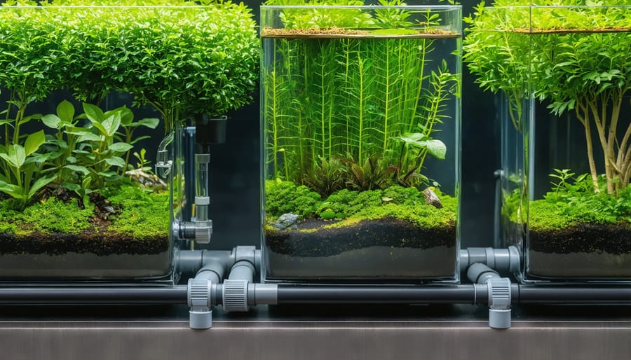 Hands connecting PVC plumbing pipes in aquaponic system setup