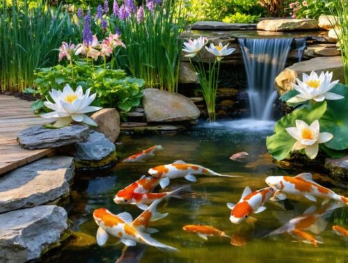 Golden hour photo of an artistic backyard pond with stone edging, a small cascading waterfall, koi fish, water lilies, and iris, with a softly blurred garden and timber deck in the background.